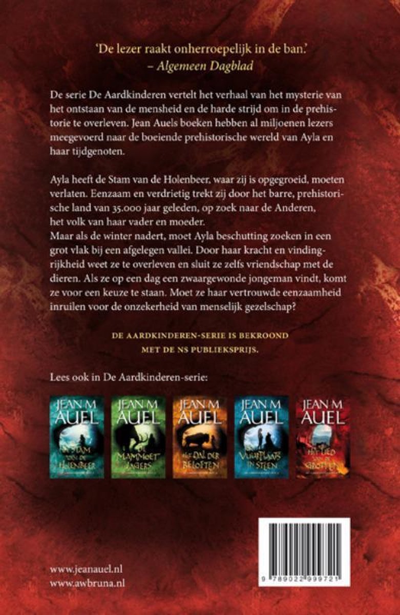Achterkant van het boek 'De Aardkinderen - De Vallei van de Paarden'. Toont een samenvatting en de serie titels.