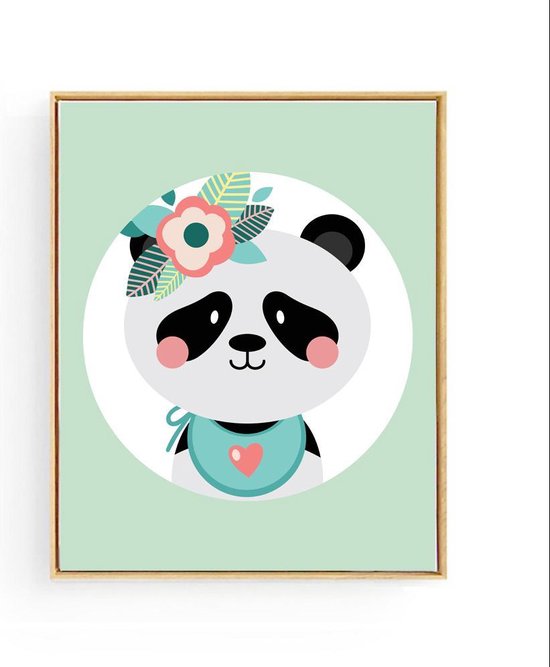 Poster Panda Groen met Bloemetje - 50x40cm - Baby / Kinderkamer Muurdecoratie