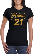 Hoera 21 jaar verjaardag cadeau t-shirt - goud glitter op zwart - dames - cadeau shirt XL