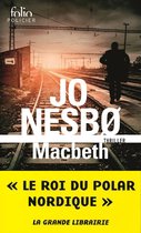 Boek "Macbeth" van Jo Nesbø. Silhouet van een man op een treinspoor bij zonsondergang. "Le roi du polar nordique".