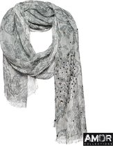 Zwart - witte sjaal - 100% linnen - kantenprint, studs en pailletten