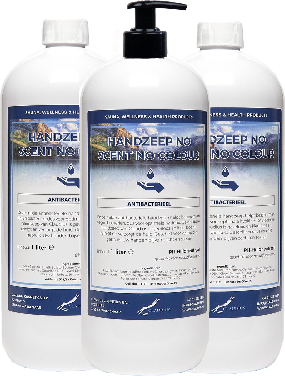 Goedkoopste Handzeep No Scent, No Colour 1 liter - met gratis pomp - set van 3 stuks