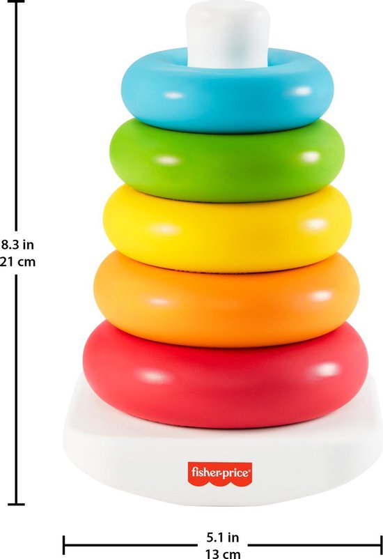 Fisher-Price stapelpiramide met vijf gekleurde ringen: rood, oranje, geel, groen en blauw, op een witte basis. Afmetingen aangegeven.
