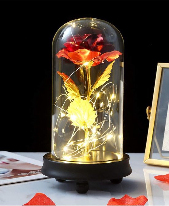 Rose dorée en dôme de verre avec LED | Valentin présente femme | Décoration de la Saint-Valentin | Amour | Idée cadeau