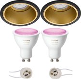Pragmi Minko Pro - Inbouw Rond - Mat Zwart/Goud - Verdiept - Ø90mm - Philips Hue - LED Spot Set GU10 - White and Color Ambiance - Bluetooth - BES LED