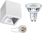 Opbouwspot Set - Pragmi Cliron Pro - GU10 Fitting - Opbouw Vierkant - Mat Wit/Zilver - Verdiept - 90mm - Philips - CorePro 827 36D - 4W - Warm Wit 2700K - Dimbaar - BSE