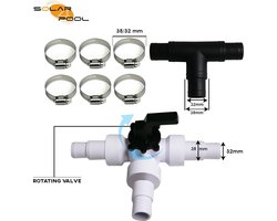 Bypass set zwembad 32mm/38mm voor zwembadverwarming zonnecollectoren en warmtepomp geschikt. Voor alle zwembaden. Pvc 3wegkraan.