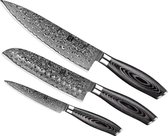 Ensemble de 3 Couteaux de cuisine de Luxe et professionnels en acier damas (67 couches, VG10) et manches en palissandre | Couteau de chef + couteau Santoku + couteau à légumes
