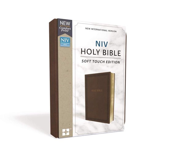 Boîte avec une Bible NIV, Soft Touch Edition en marron.
