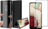 Hoesje geschikt voor Samsung Galaxy A12 - Screen Protector GlassGuard - Book Case Spiegel Zwart & Screenprotector