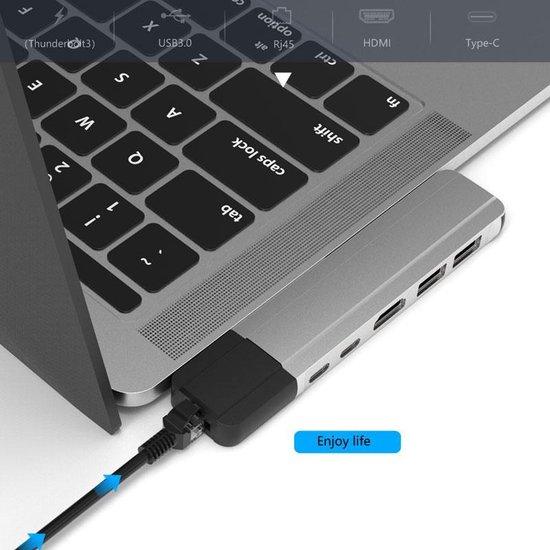 BrightNerd 6 in 1 USB-C Hub – 1x Hdmi 4K - 1x Ethernet Rj45 LAN – 2 x USB 3.0 (5Gbp/s ) - 1x USB-C Data + Video + audio - 1x USB-C Laden – geschikt voor MacBook + Pro + Air- Space Grey - BrightNerd