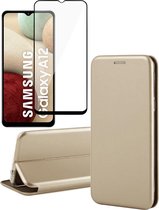 Hoesje geschikt voor Samsung Galaxy A12 - Screen Protector FullGuard - Book Case Leer ThinShield Goud & Screenprotector