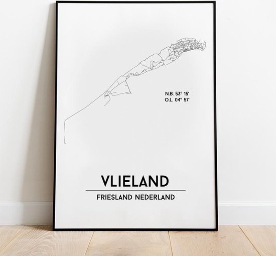 Vlieland city poster, A4 zonder lijst, plattegrond poster, woonplaatsposter, woonposter
