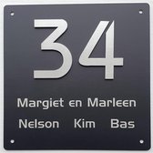 zwart rvs naambordje voordeur met rvs opliggende cijfers 15x15cm | zwart rvs naamplaatje