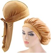 FRESHCOUPES Velvet Bonnet & Durag Set - Khaki Bruin - Geschikt voor optimale bescherming van jouw haren