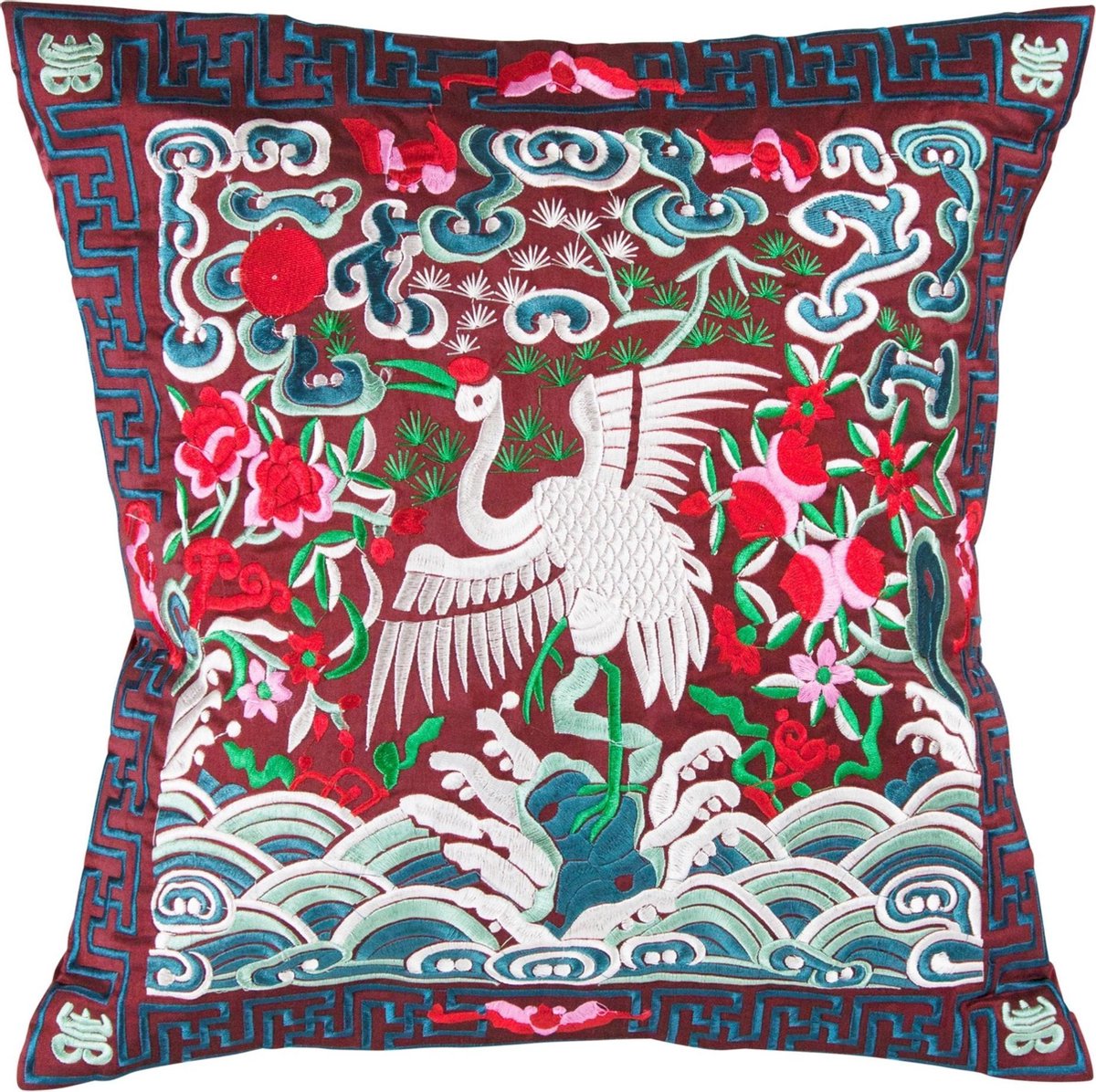 Fine Asianliving Kussenhoes Volledig Geborduurd Bordeaux Kraanvogel 45x45cm Zonder Vulling