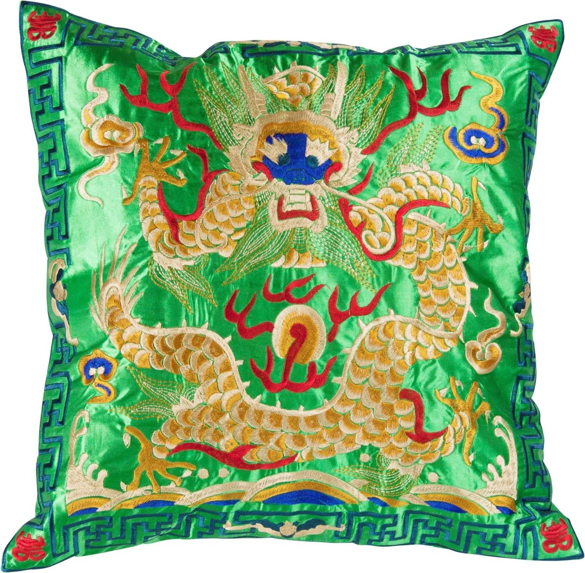 Fine Asianliving Kussenhoes Volledig Geborduurd Groen Geel Draak 45x45cm Zonder Vulling