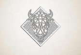 Line Art - Stier 1 met achtergrond - XS - 25x25cm - Wit - geometrische wanddecoratie