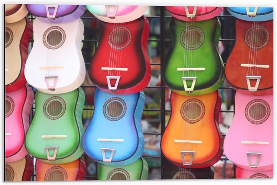 Dibond - Gekleurde Ukeleles - 60x40cm Foto op Aluminium (Met Ophangsysteem)