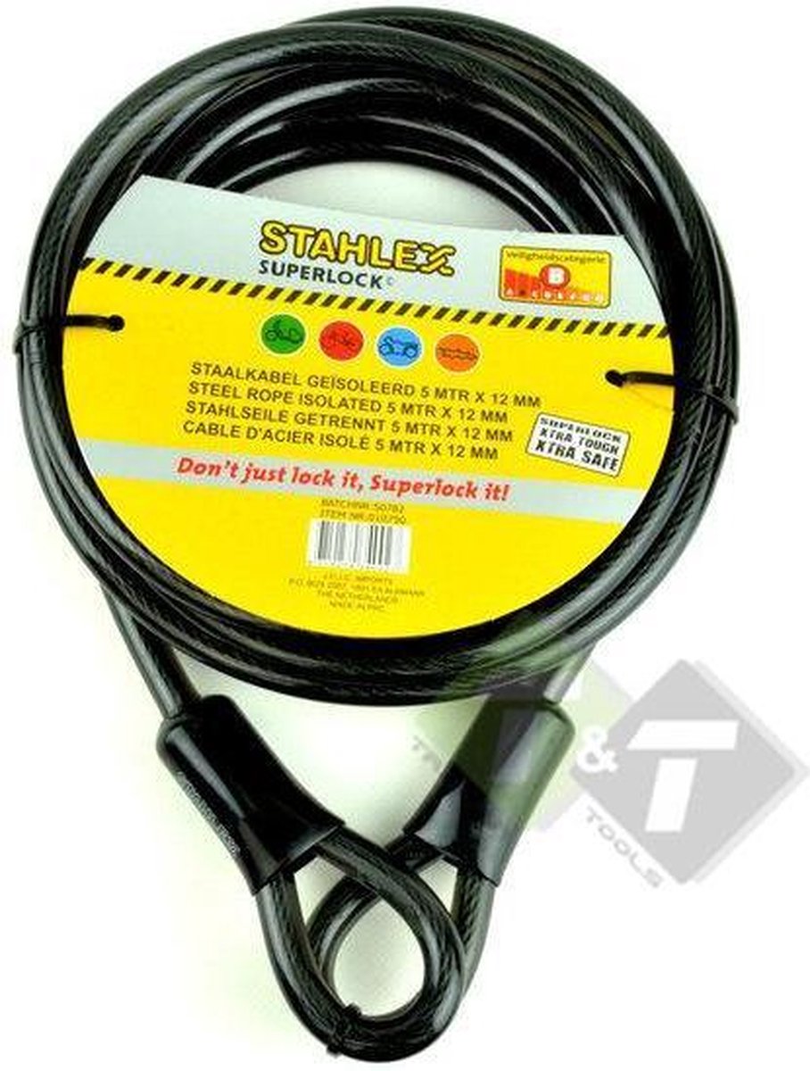 Geisoleerde staalkabel 5 mtr x 12 mm, kabelslot, fietsslot, motorslot, brommerslot