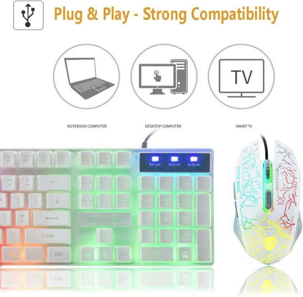 Gaming Toetsenbord Muis Combo K13 Bedraad Regenboog Led Backlit 104