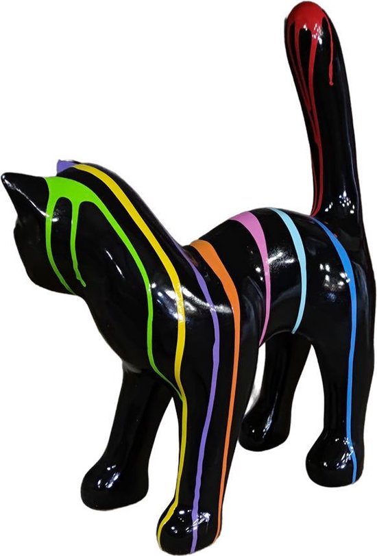 Polyester tuinbeeld kat, poes staart omhoog 45cm hoog voor binnen / buiten  Zwart met... | bol.com