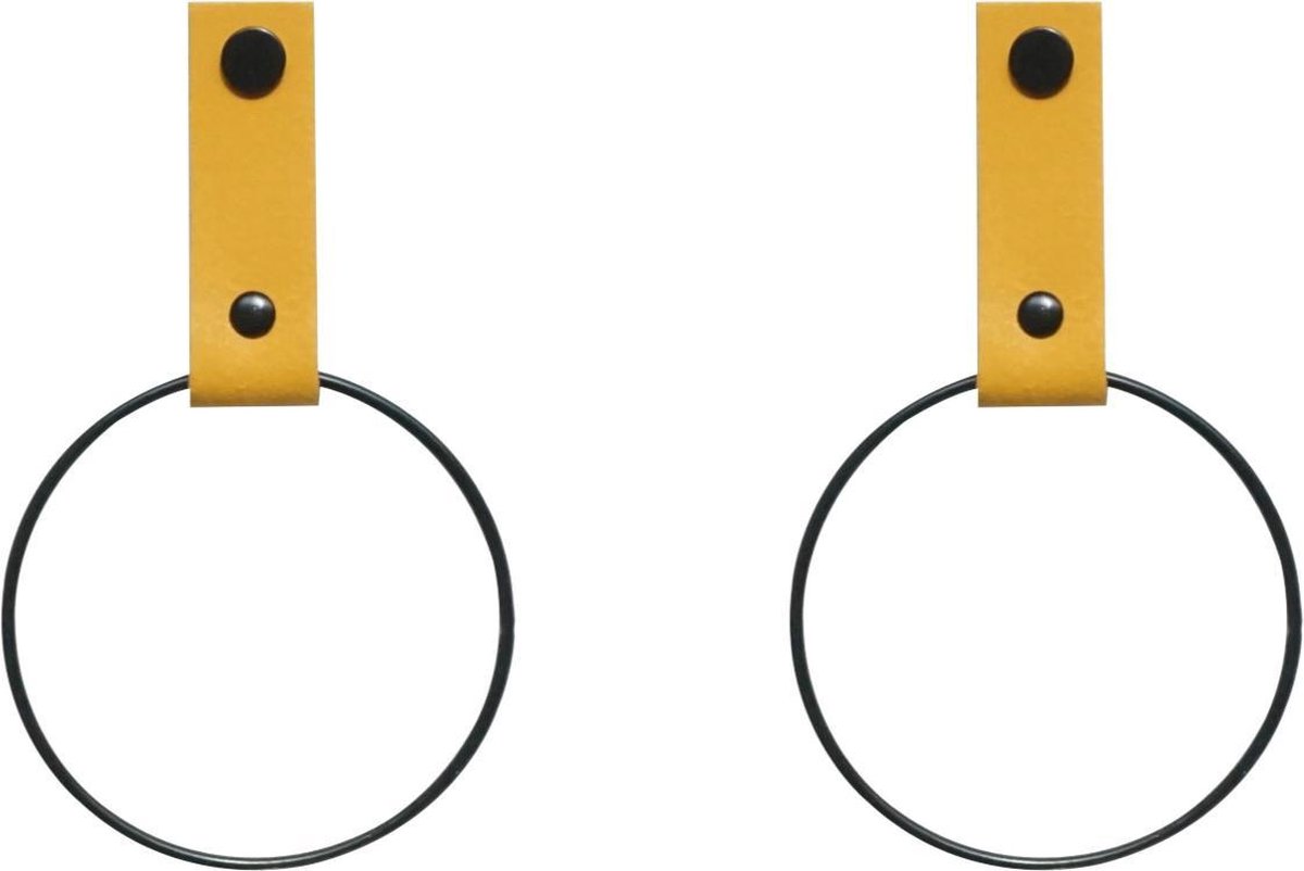 SETPRIJS! 2x Leren Handdoekring | OKERGEEL - maat S (handdoekhanger - handdoekhaakje)