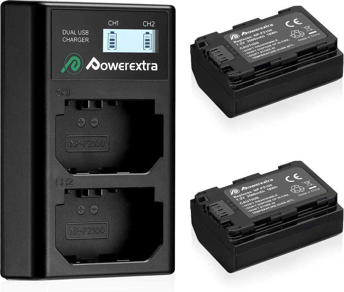 Powerextra reserve batterijen (2500mAh) en snellader - dubbellader ter vervanging voor camera Sony NP-FZ100