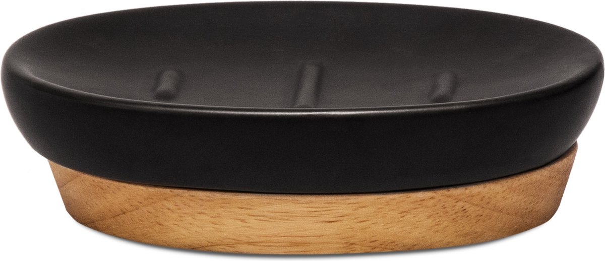 HOMLA Jupiter zeepbakje zeepbakje - Scandinavische sfeer voor badkamers keukens - zwart kunststof met houten element 12 cm