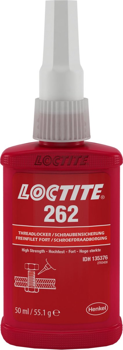 LOCTITE 262 50ML Op methacrylaat gebaseerd, thixotroop schroefdraadborgmiddel met gemiddelde/hoge sterkte dat fluoresceert onder uv-licht om controle mogelijk te maken.