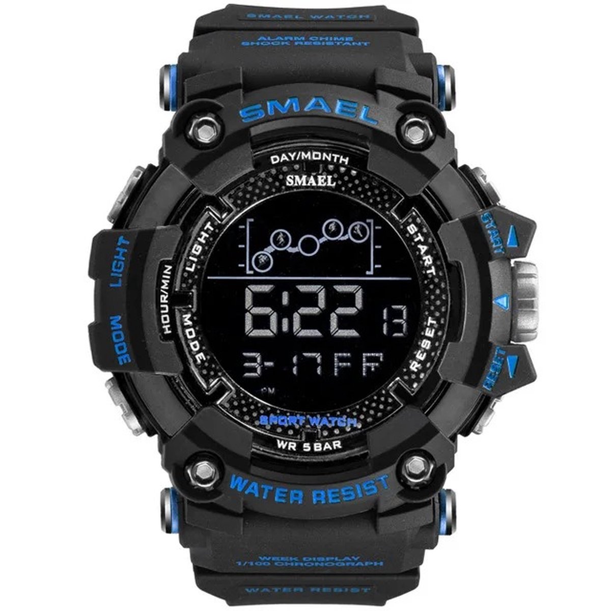 Digitaal Shockbestendig Horloge Zwart Blauw | Smael | Waterdicht 5ATM | Glow in dark | Mud Master | Mudmaster | Shock | Licht | Rubberen band | 1802 | Timer | Eyecatcher | Master | kado | Cadeau