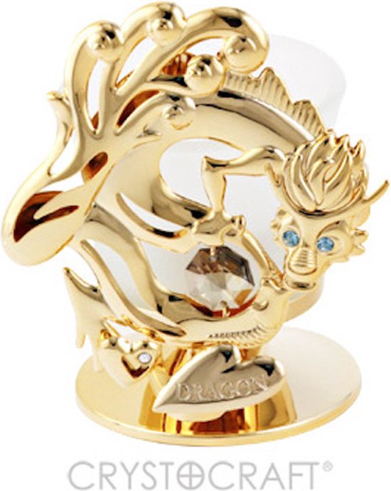 Dragon plaqué or 24 carats avec bougie chauffe-plat avec cristaux de Bohême transparents