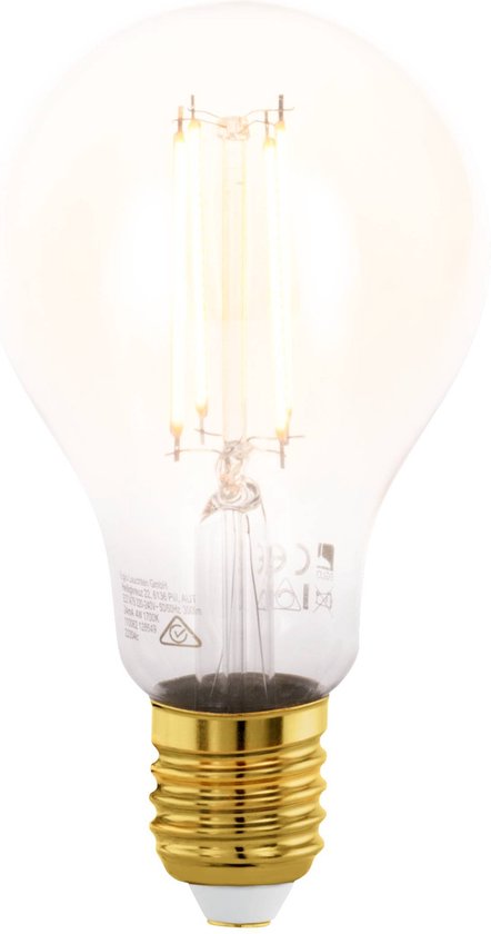 Ampoule transparente de type poire avec culot doré et filaments LED apparents.