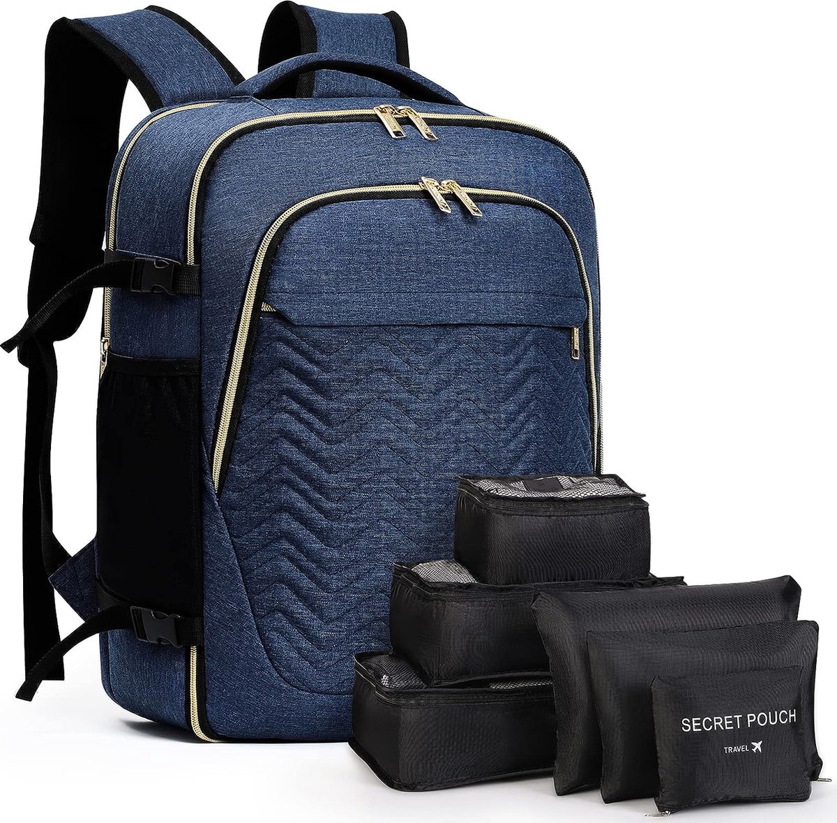 Grote rugzak, handbagage voor dames, 15,6 inch, laptoprugzak, reisrugzak, wandelrugzak met 6-delige kledingtassen voor vakantie, business, werk, reizen, blauw.