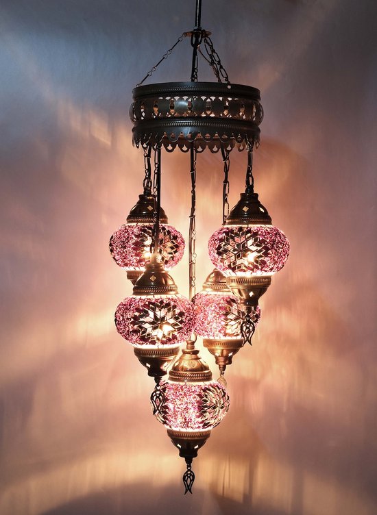 5 ampoules globe lampe suspendue turque lustre oriental rose mosaïque verre