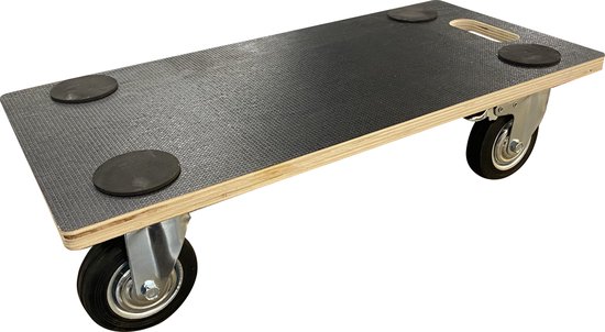 Zwarte meubelroller met houten onderstel, twee zwenkwielen en remmen.