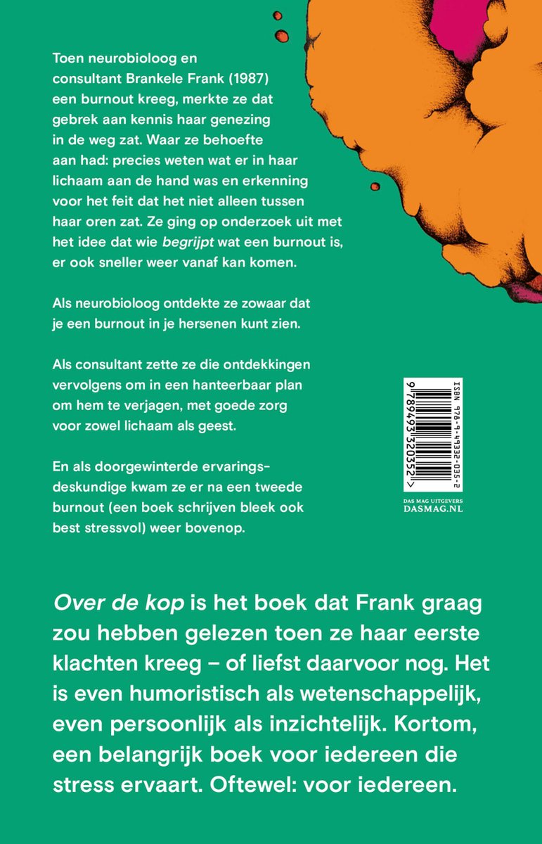 Boekomslag met tekst. Een gekleurde illustratie van een hoofd met rook die eruit komt, in oranje, roze en paarse tinten.
