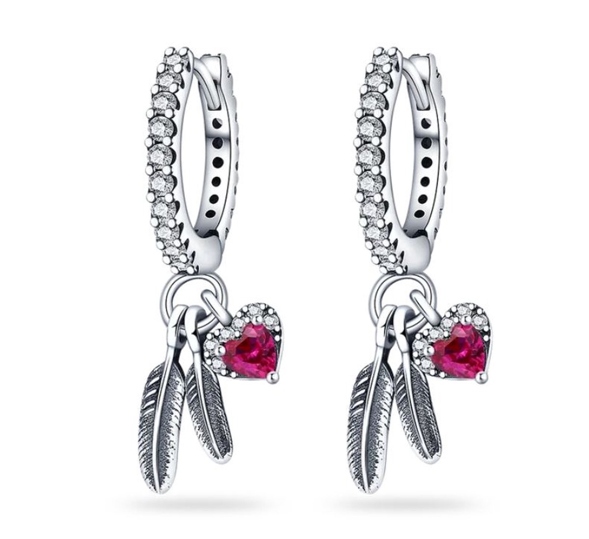 Oorbellen veertjes + roze hartje Sterling zilver925