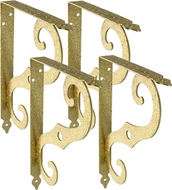 AMIG Support d'étagère/support/support mural Baroque - 4x - métal - laiton - H150 x L115 mm - Jusqu'à 90 kg - supports d'étagère