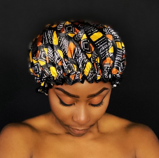 Luxe Grote Douchemuts / Shower cap / Douchekapje / Douche cap voor vol haar / krullen / afro van AfricanFabs® - Bruin / Beige bogolan - AfricanFabs