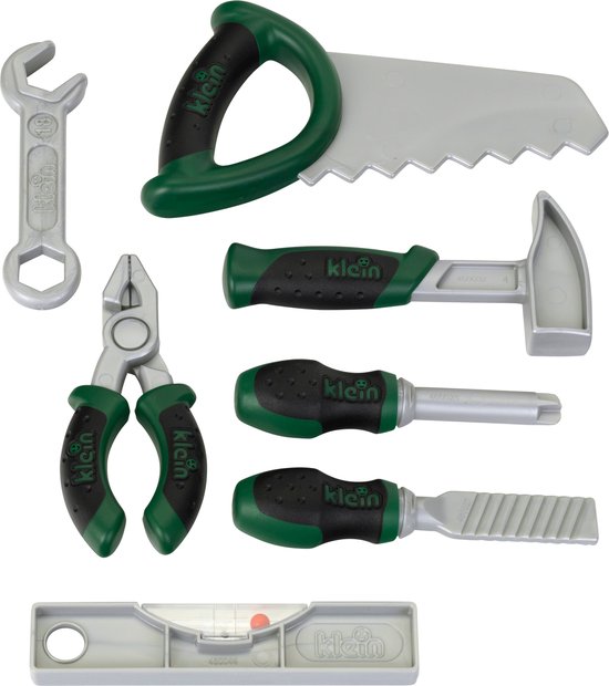 Jouets d'outils : scie à manche vert, niveau, marteau, clé, pince, ciseau et tournevis.