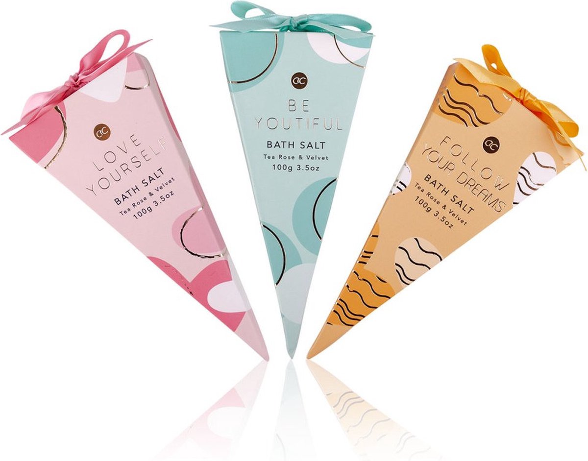 Goedkoopste Badzout - beauty treats - wellness - cadeau - bath salt - set van 3 - love yourself - be youtiful - follow your dreams