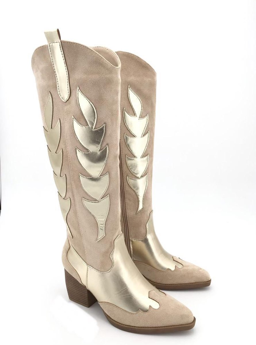 Laarzen – suede look laarzen – laarzen met gouden details – gouden laarzen – cowboy laarzen – suedine met gouden laarzen – maat 37