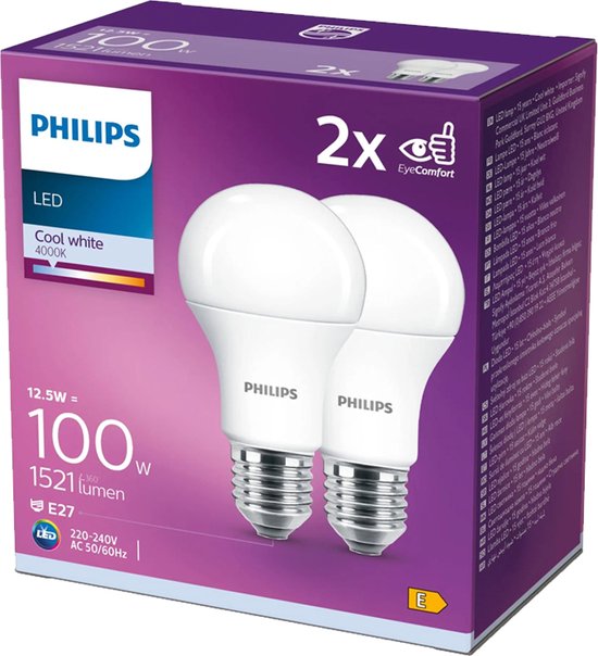 Philips LED E27 - 13W (100W) - Warm Wit Licht - Niet Dimbaar - 2 stuks