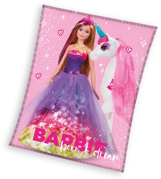 Couverture polaire Barbie - licorne - rose - polyester - 130x170cm - grande et chaude.