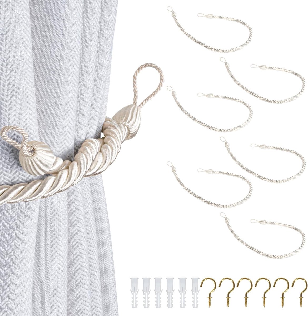 3 Paar Gordijnkoorden met Haken Gordijn Terugslagen Gordijnhouder Touw Clips Polyester Terugslagen voor Thuis Kantoor Kinderkamer Raamaccessoires, Wit