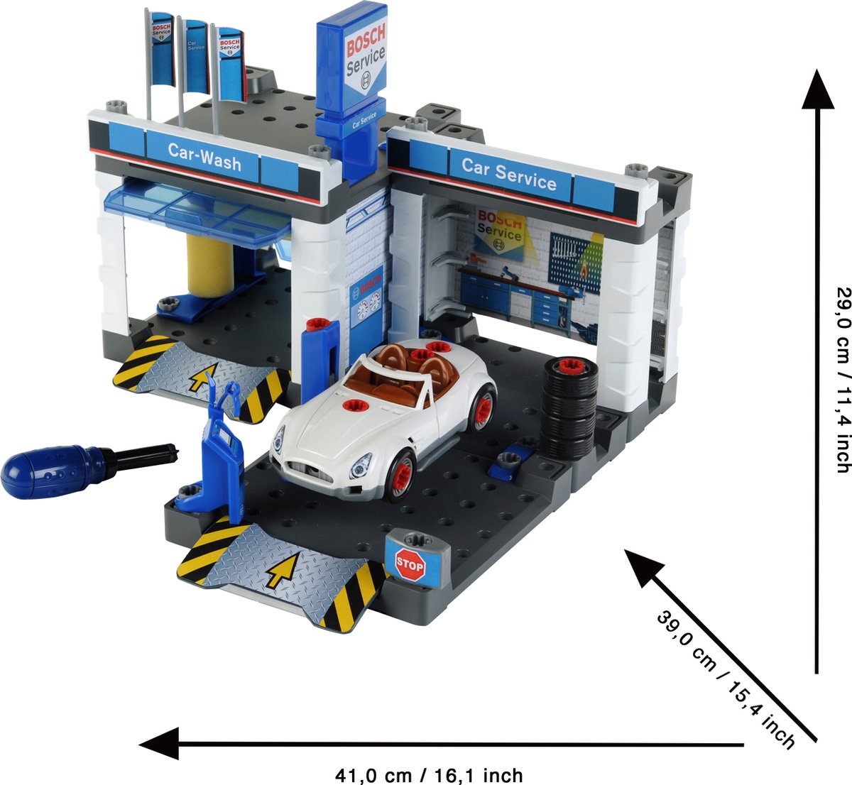 Klein Toys Bosch car service autogarage - montagespeelgoed met hefbrug en wasstraat - 41x39x29 cm - blauw — afbeelding 5
