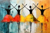 JJ-Art (Canvas) 60x40 | Ballerina´s, ballet, abstract in Picasso, Joan Miro stijl, modern surrealisme, kleurrijk, kunst | vrouw, dansen, blauw, zwart, oranje, rood | Foto-Schilderij canvas print (wanddecoratie)
