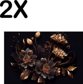 BWK Textiele Placemat - Goud met Zwarte Bloemen Kunst - Set van 2 Placemats - 45x30 cm - Polyester Stof - Afneembaar