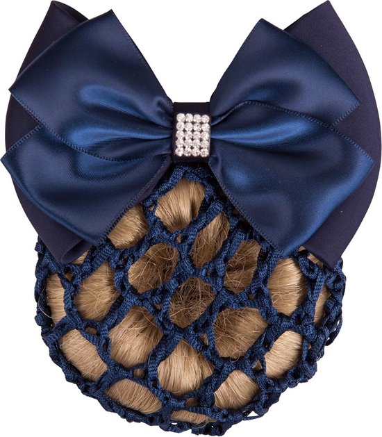 Donkerblauwe satijnen strik met strass steentjes, op een donkerblauw haarnetje.